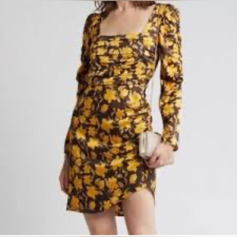 Chic Floral Long Sleeve Dress in Yellow and Brown
